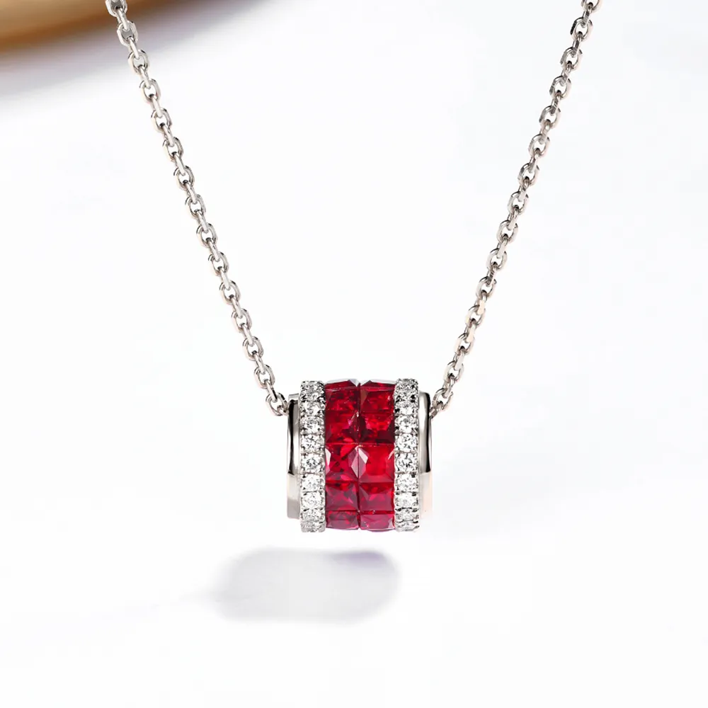Diamond and Ruby Rolling Cylinder Pendant Necklace