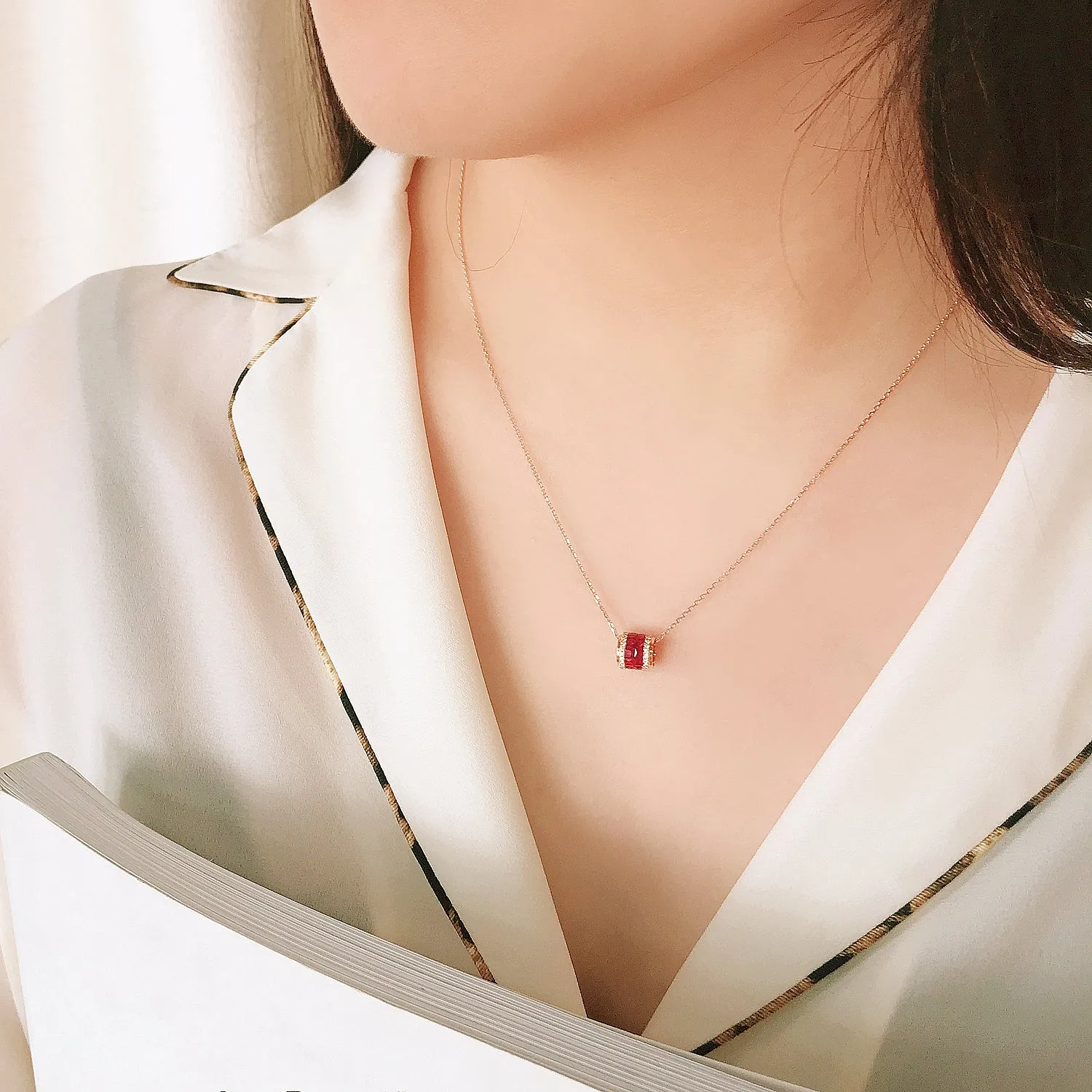 Diamond and Ruby Rolling Cylinder Pendant Necklace