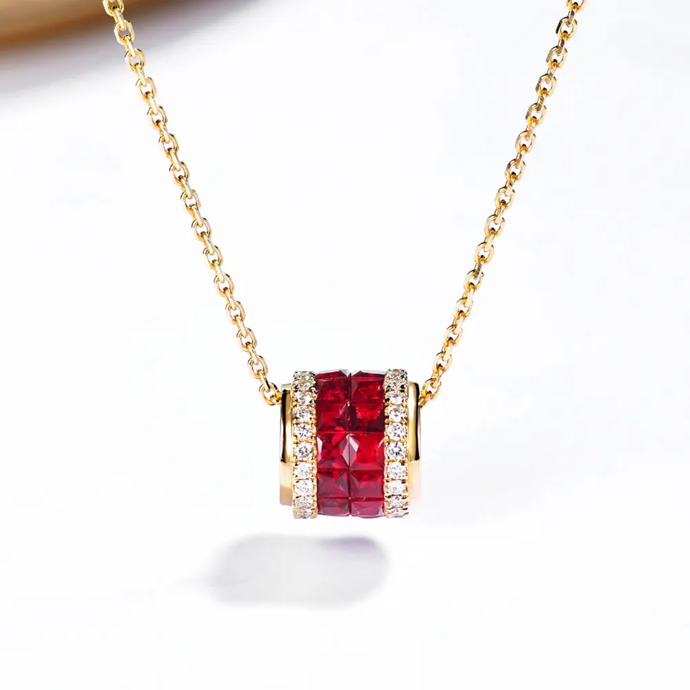 Diamond and Ruby Rolling Cylinder Pendant Necklace