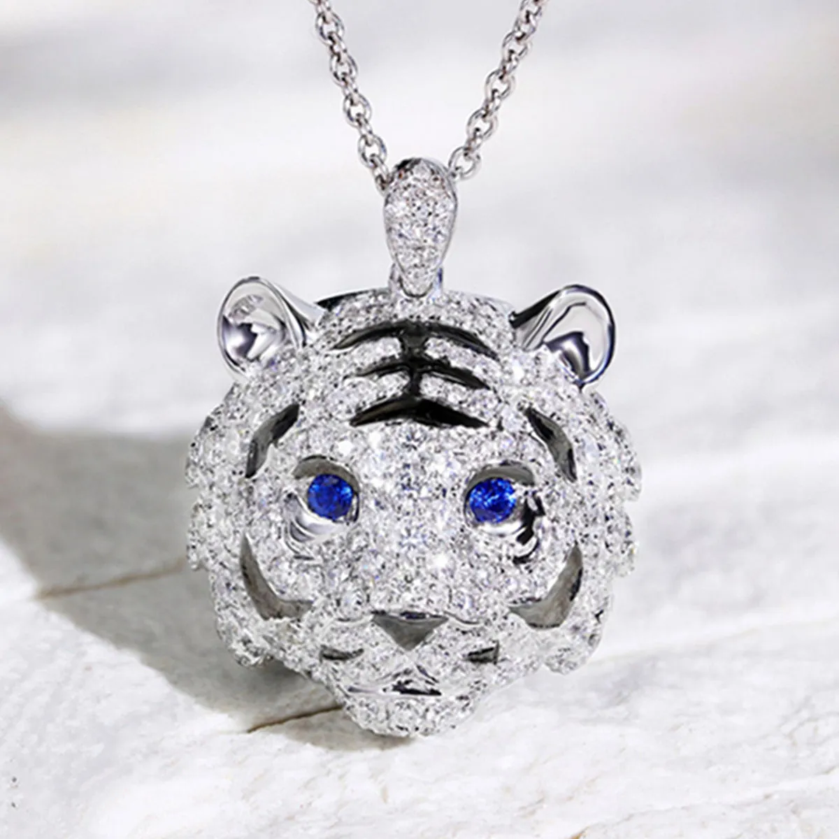 Diamond and Sapphire 3D Tiger Pendant (Pendant Only)