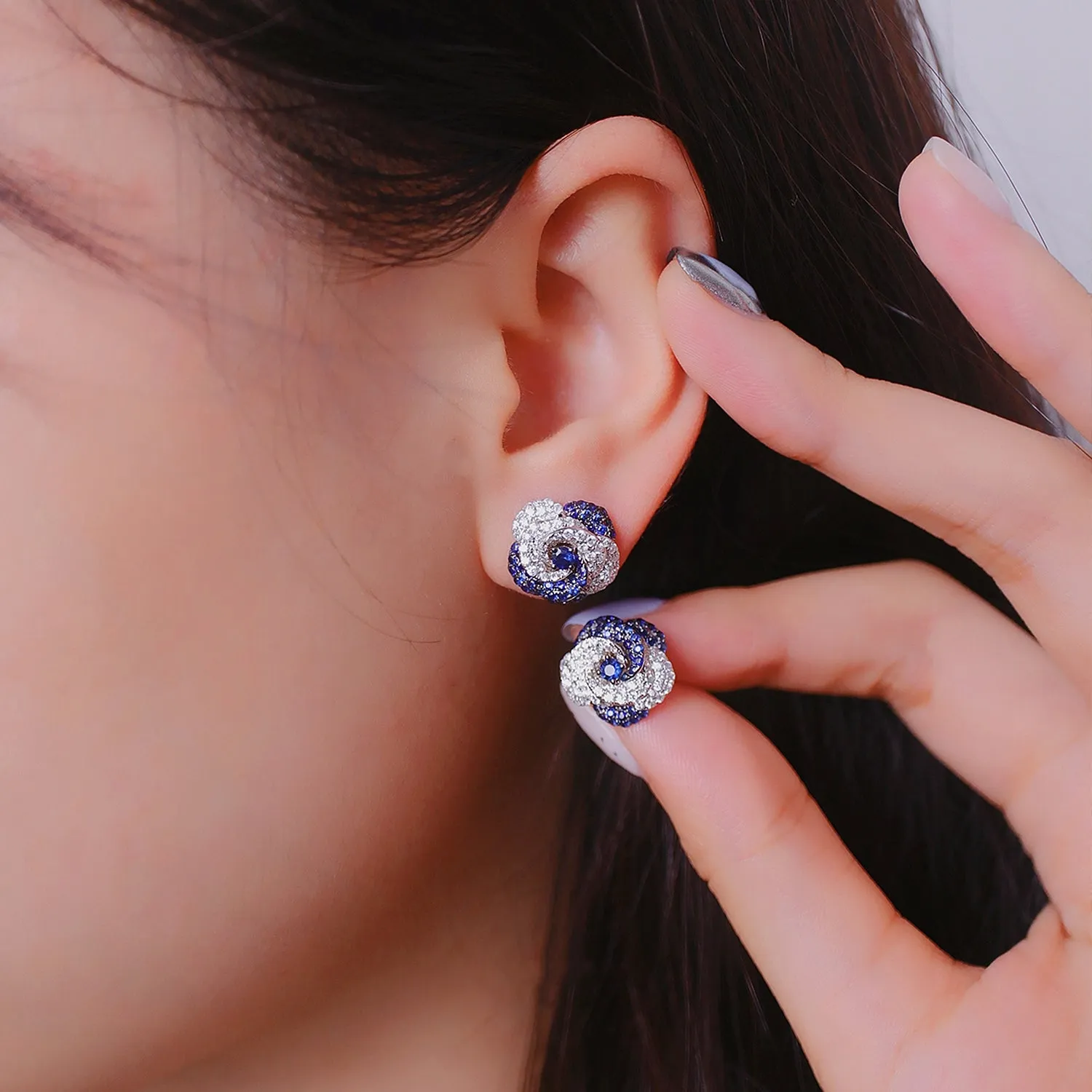 Diamond and Sapphire Flower Stud Earrings