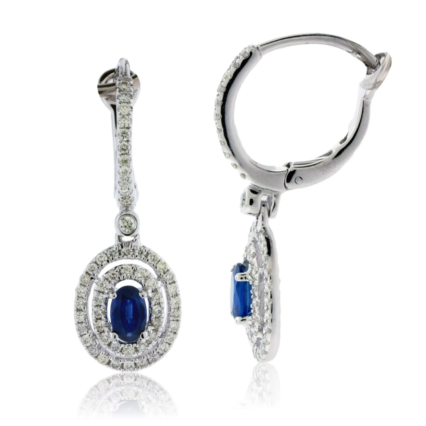 Diamond Huggie  & Sapphire Double Halo Dangle Earrings