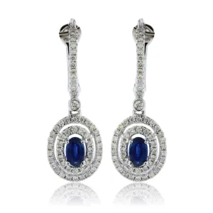 Diamond Huggie  & Sapphire Double Halo Dangle Earrings