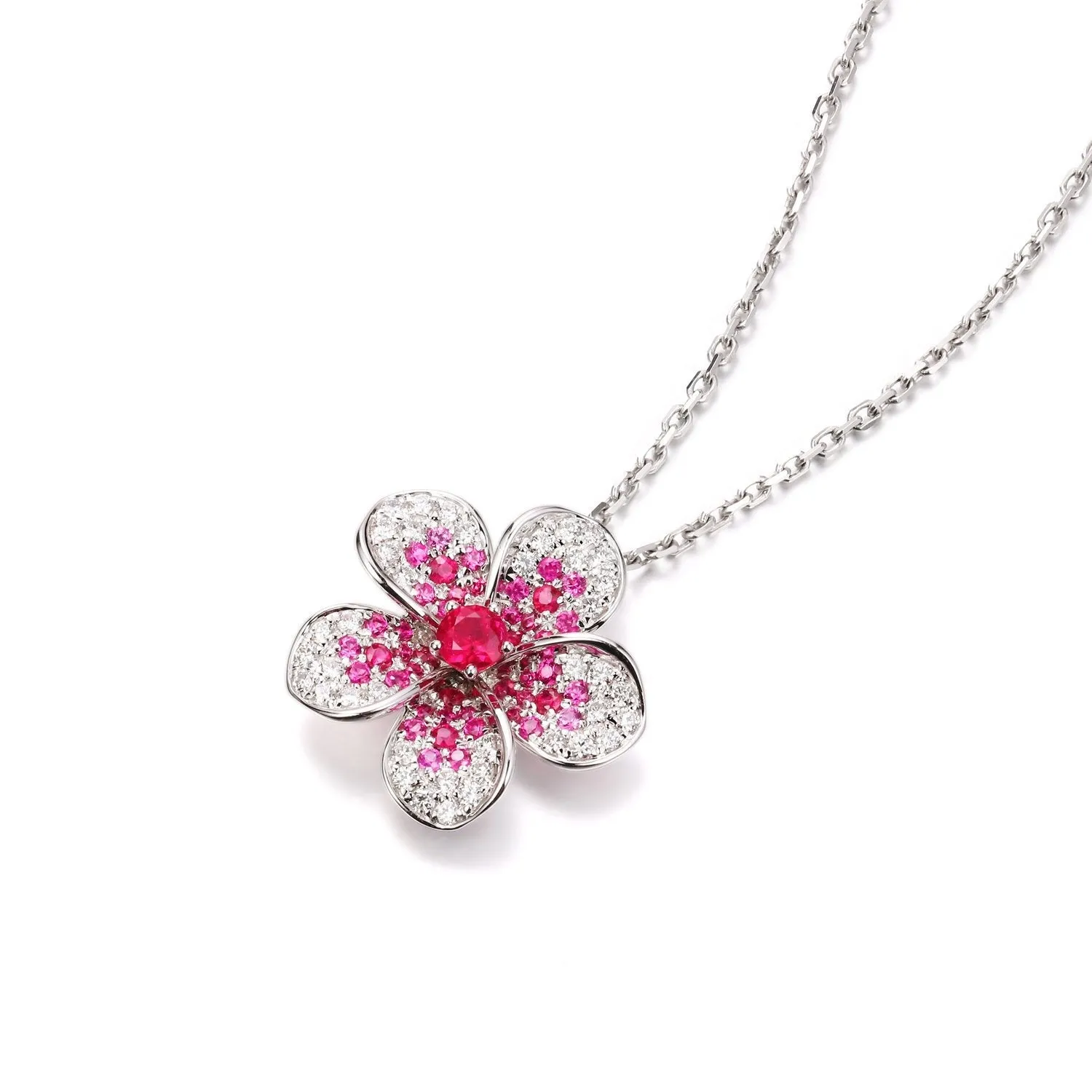 Diamond, Ruby or Sapphire Plumeria Pendant Necklace