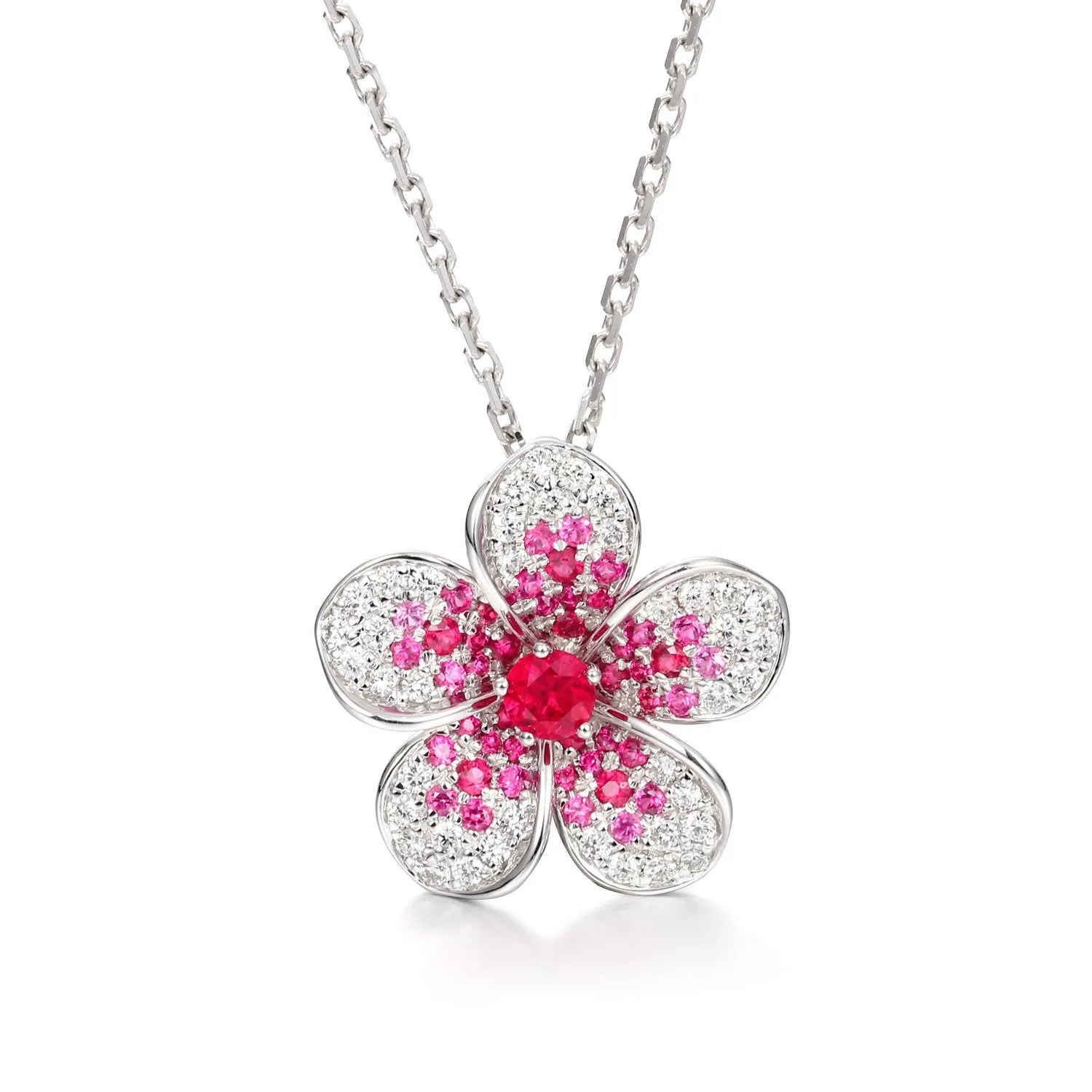 Diamond, Ruby or Sapphire Plumeria Pendant Necklace