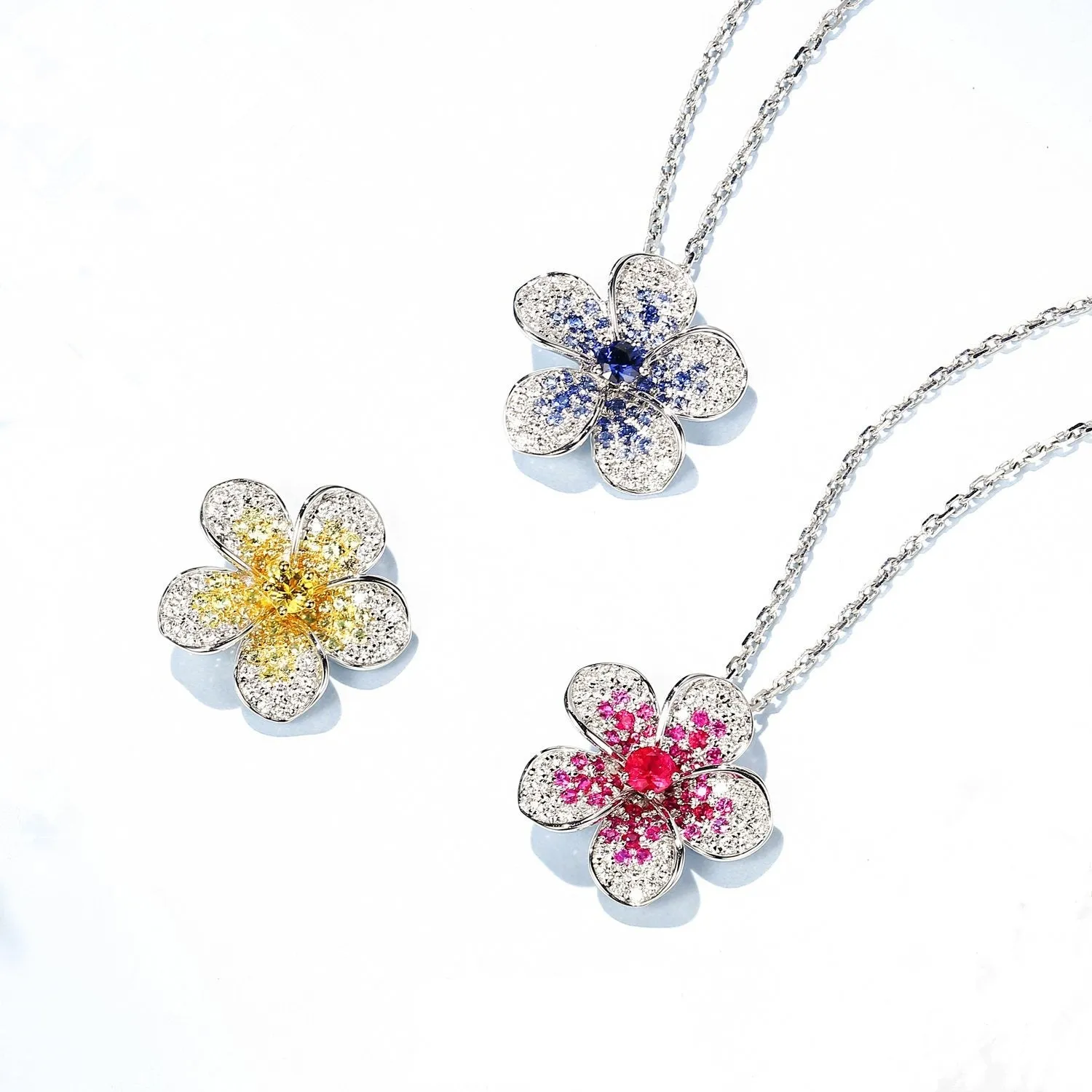 Diamond, Ruby or Sapphire Plumeria Pendant Necklace