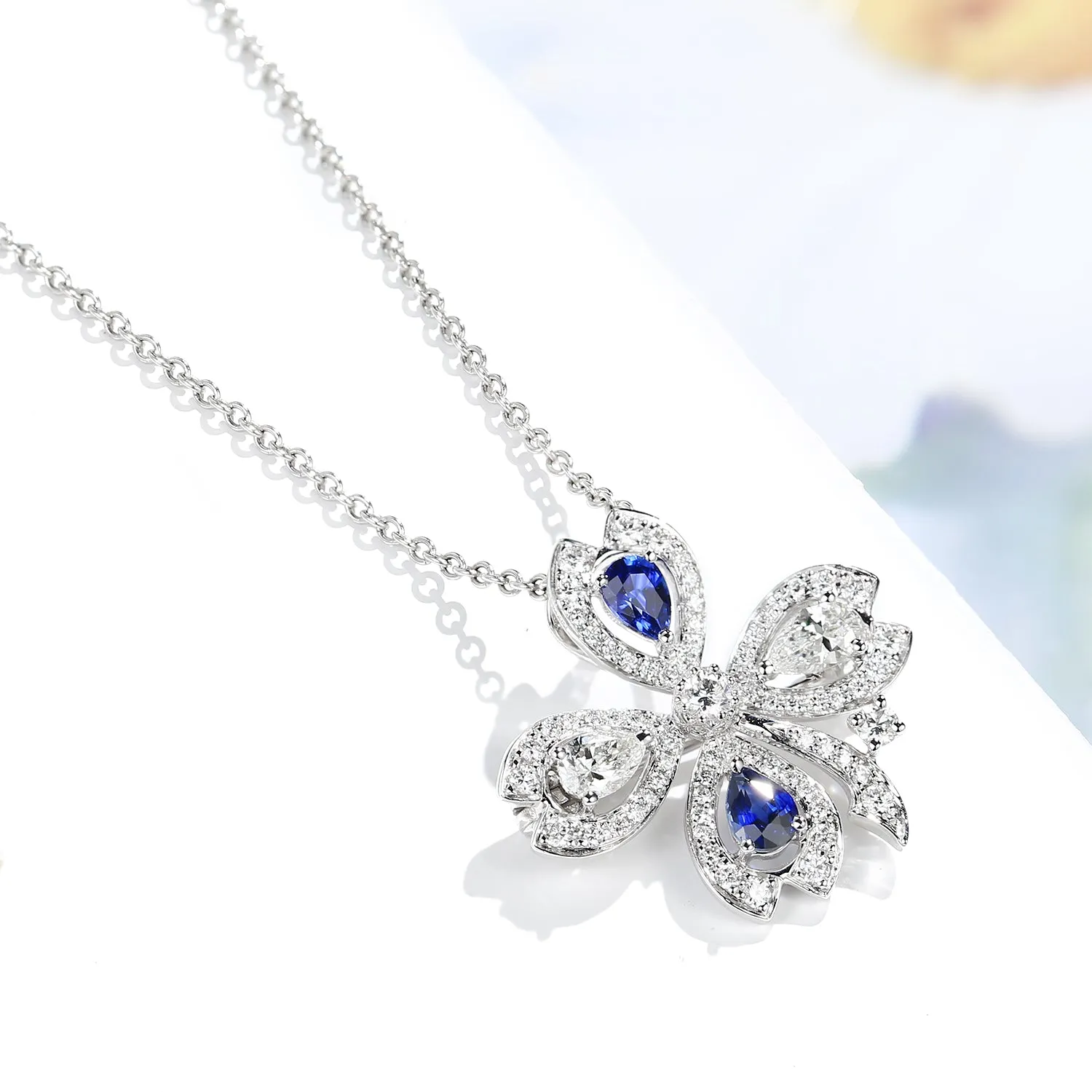 Diamond Sapphire Lucky Clover Pendant Necklace