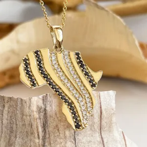 Double Black and White Diamond Zebra Striped Africa Map Yellow Gold Pendant