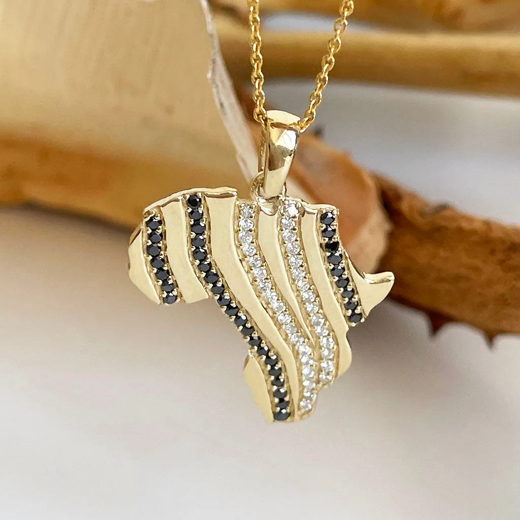Double Black and White Diamond Zebra Striped Africa Map Yellow Gold Pendant