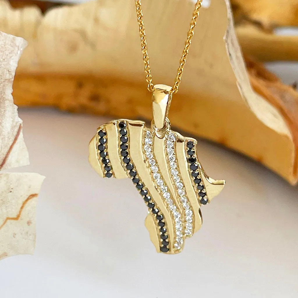 Double Black and White Diamond Zebra Striped Africa Map Yellow Gold Pendant