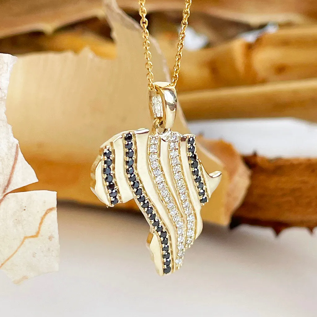 Double Black and White Diamond Zebra Striped Africa Map Yellow Gold Pendant