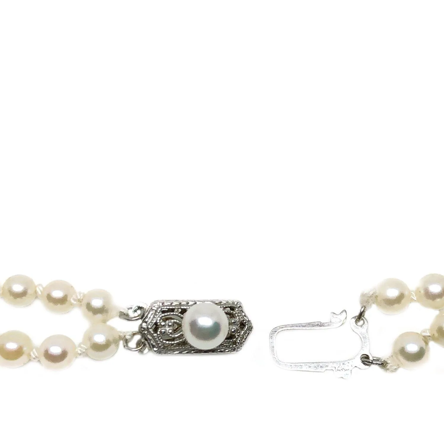 Double Strand Filigree Japanese Saltwater Cultured Akoya Pearl Necklace - 14K White Gold 16 & 17 Inch