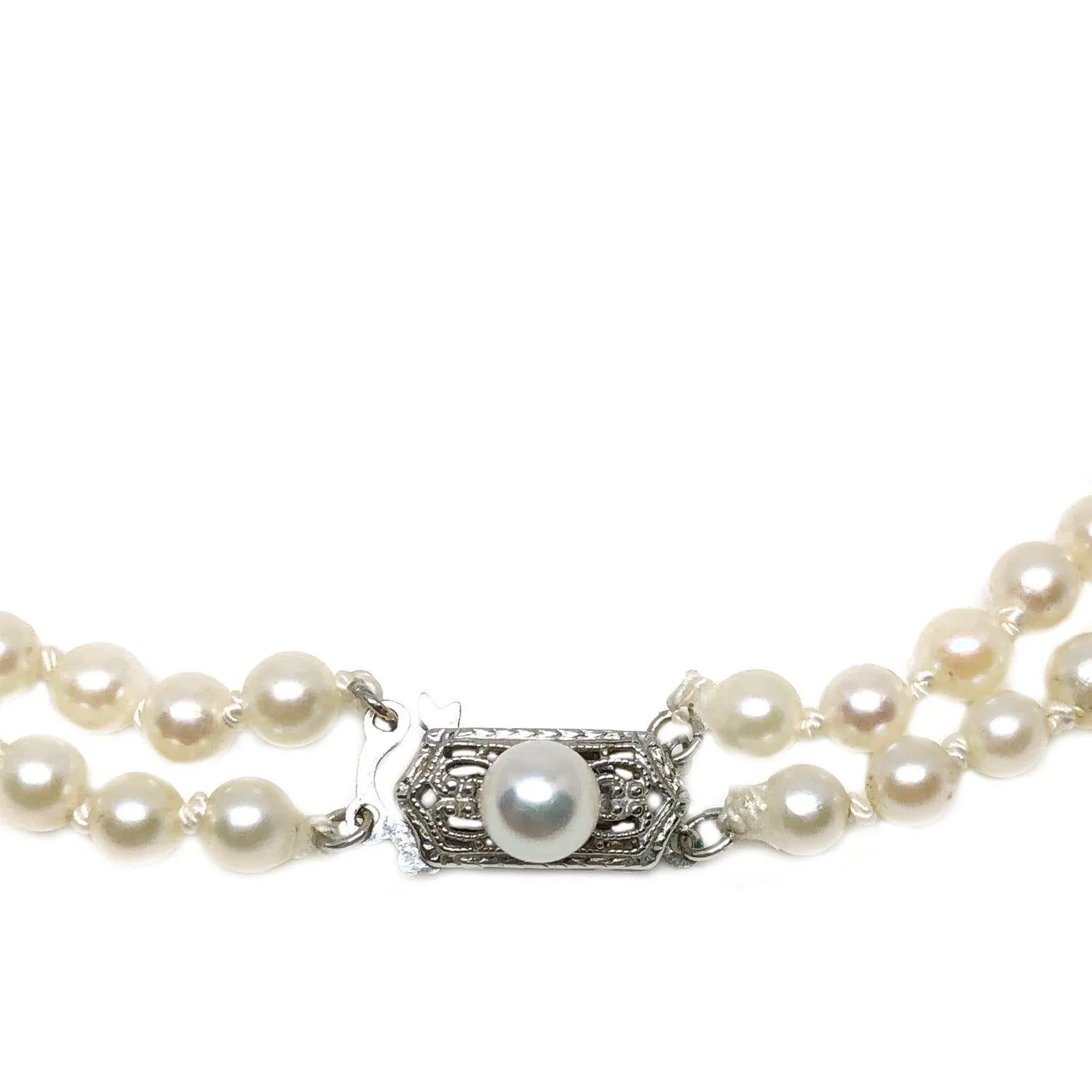Double Strand Filigree Japanese Saltwater Cultured Akoya Pearl Necklace - 14K White Gold 16 & 17 Inch