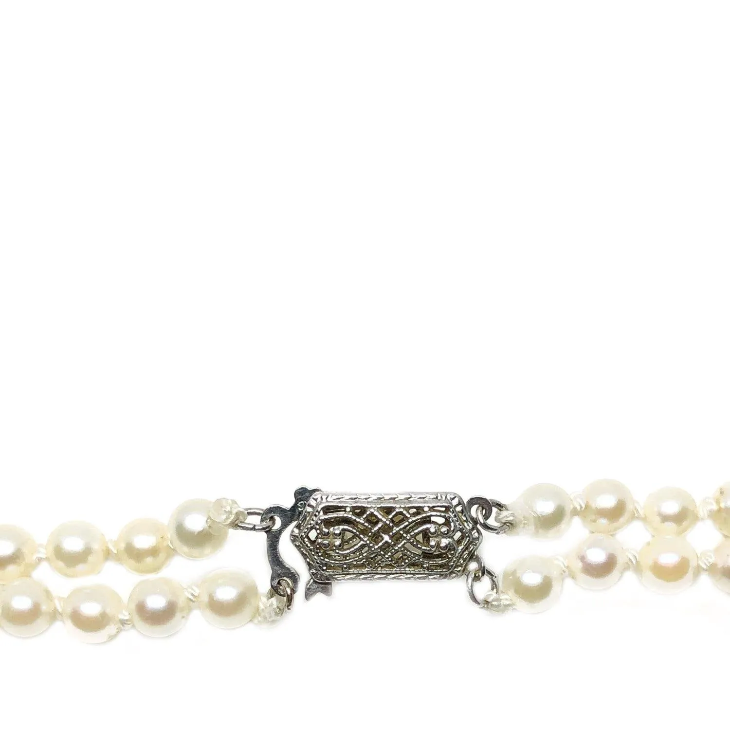 Double Strand Filigree Japanese Saltwater Cultured Akoya Pearl Necklace - 14K White Gold 16 & 17 Inch
