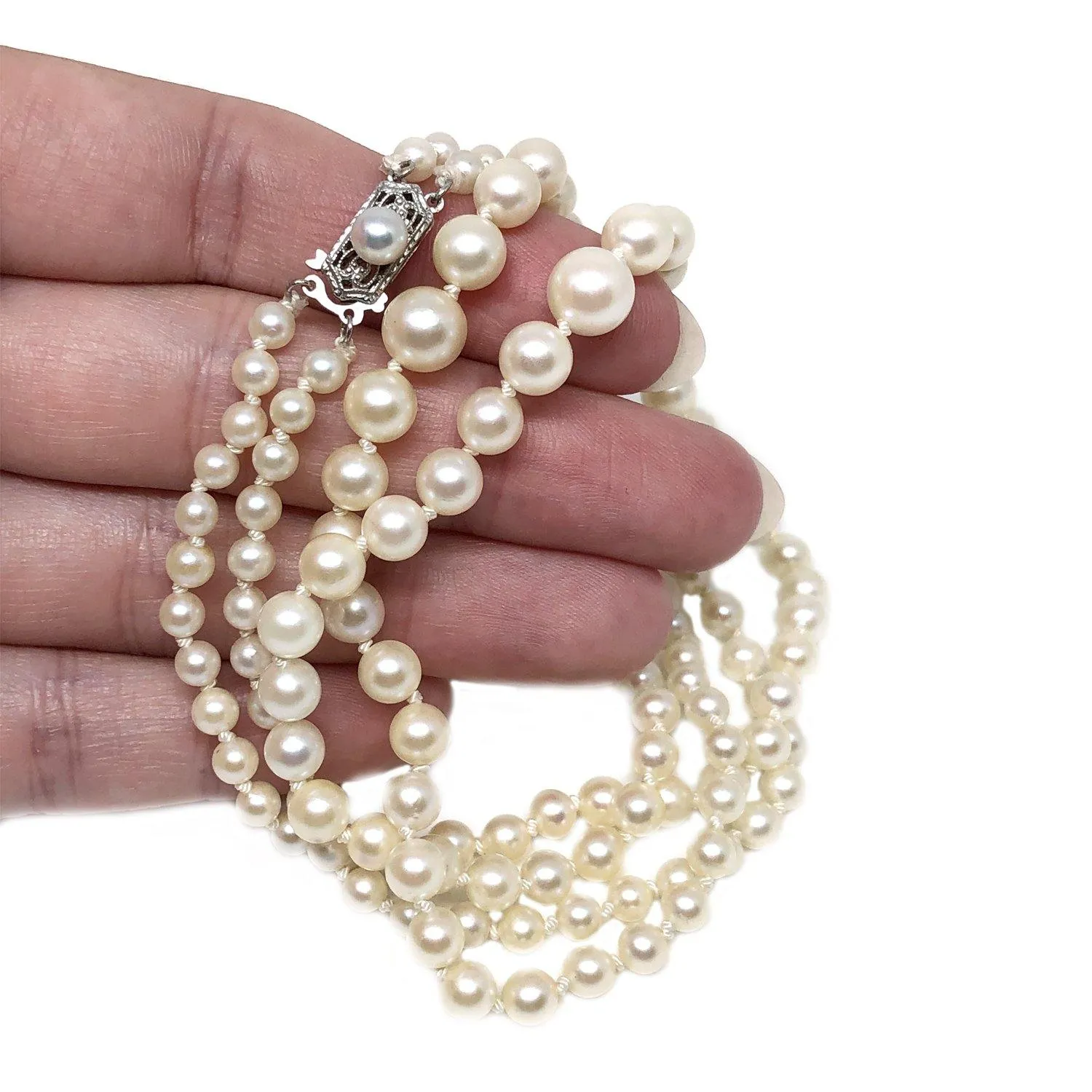 Double Strand Filigree Japanese Saltwater Cultured Akoya Pearl Necklace - 14K White Gold 16 & 17 Inch