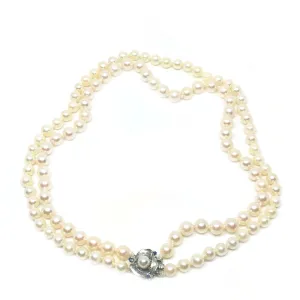 Double Strand Sapphire Japanese Saltwater Cultured Akoya Pearl Necklace - 14K White Gold 16 & 16.50 Inch