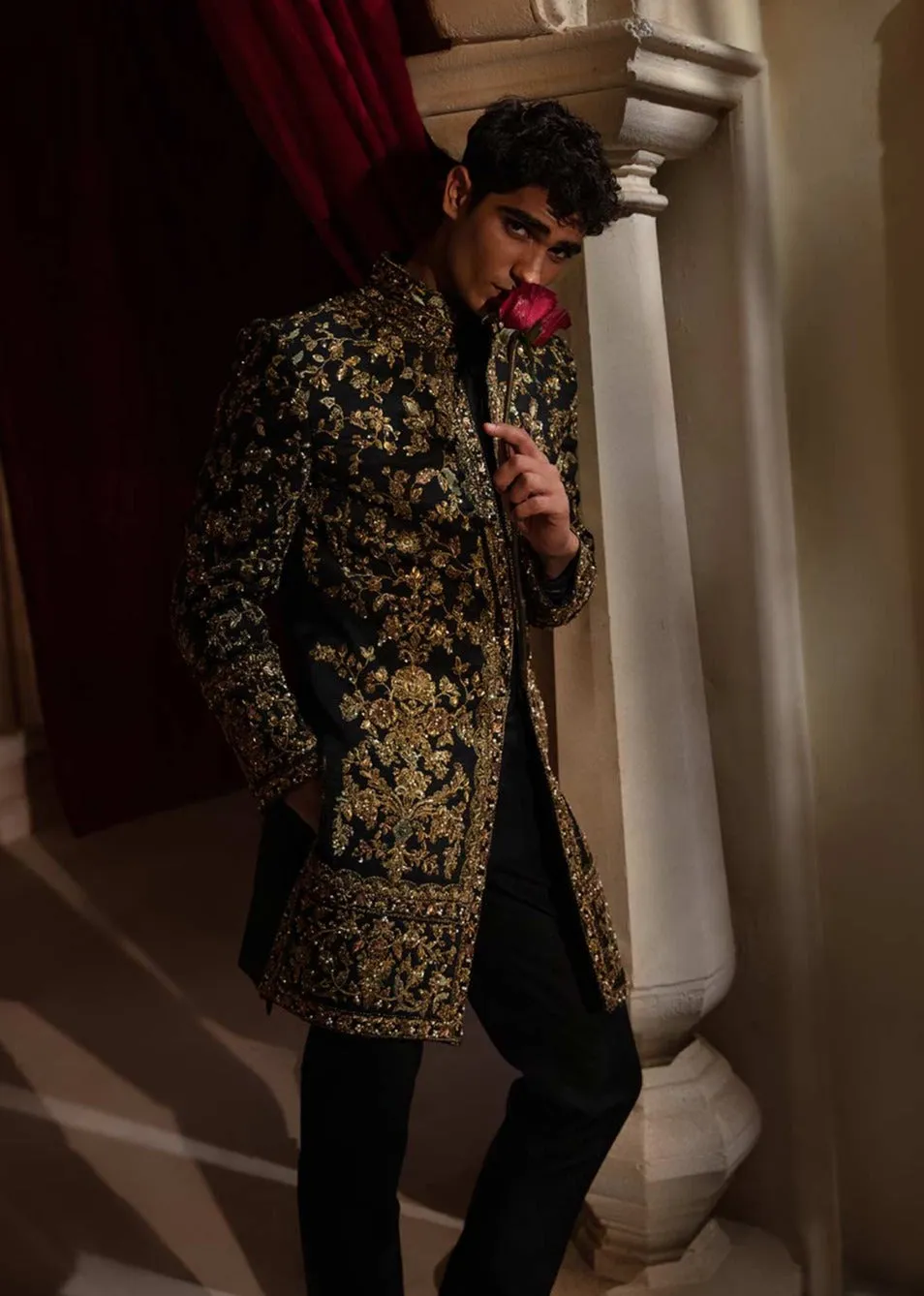 Embellished Black Sherwani Style Pakistani Groom Dress