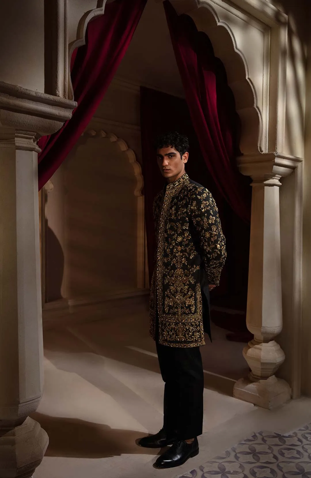 Embellished Black Sherwani Style Pakistani Groom Dress
