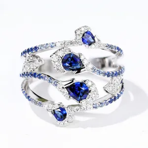 Flower and Leaves Diamond Sapphire Multi Row Ring