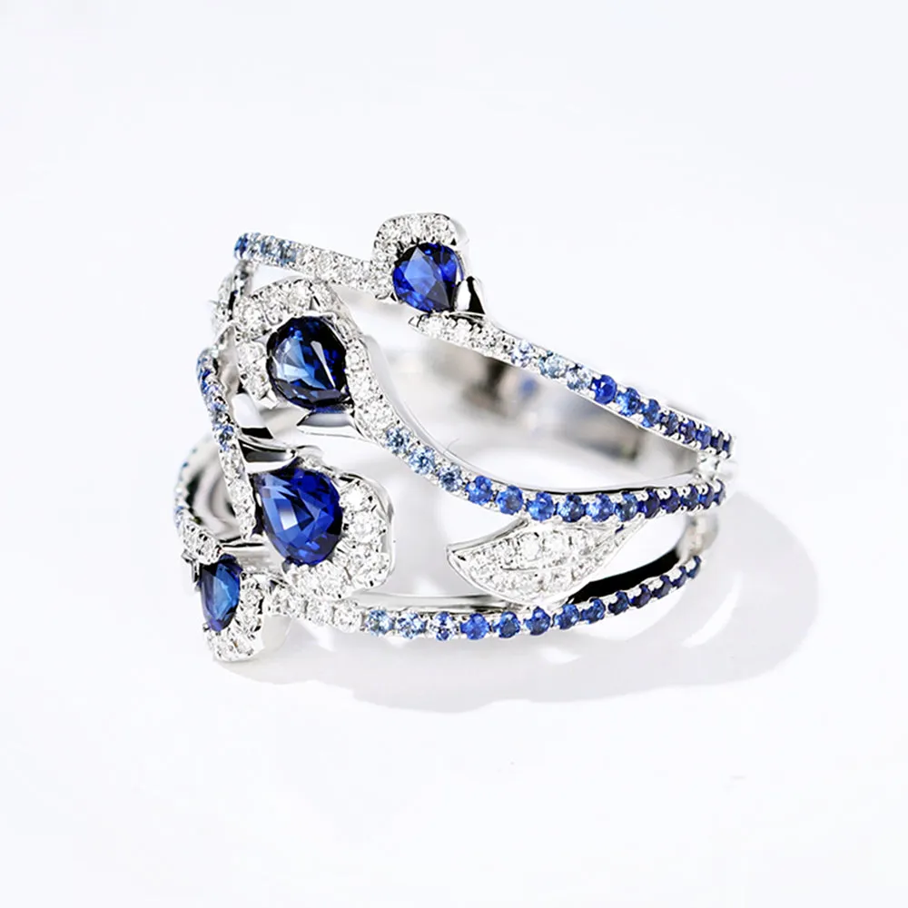 Flower and Leaves Diamond Sapphire Multi Row Ring