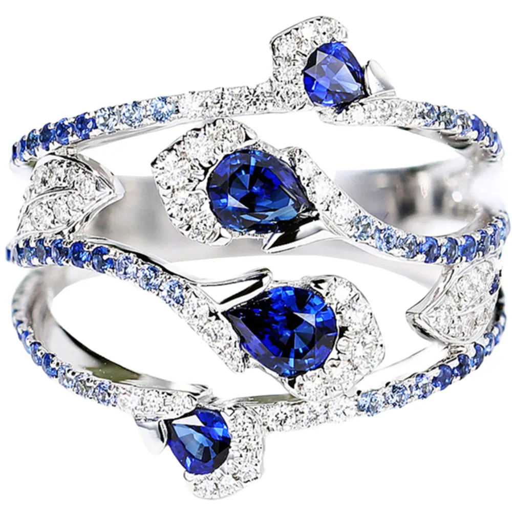 Flower and Leaves Diamond Sapphire Multi Row Ring