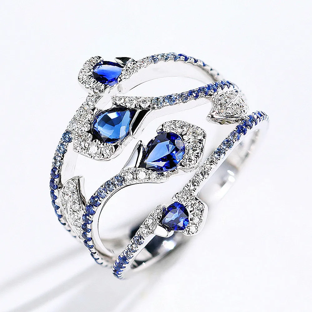 Flower and Leaves Diamond Sapphire Multi Row Ring