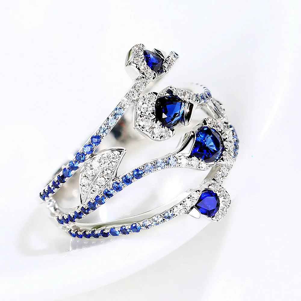 Flower and Leaves Diamond Sapphire Multi Row Ring