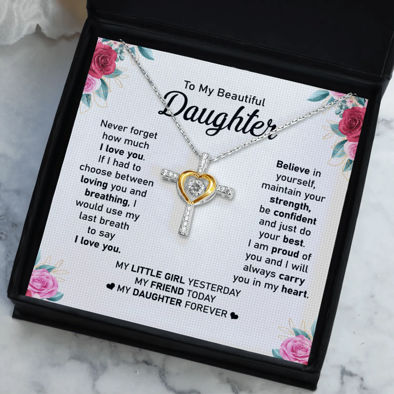 Gift For Daughter - Believe In Yourself - Cross Dancing Necklace With Message Card - Gift For Birthday, Christmas, Valentines From Dad, Mom
