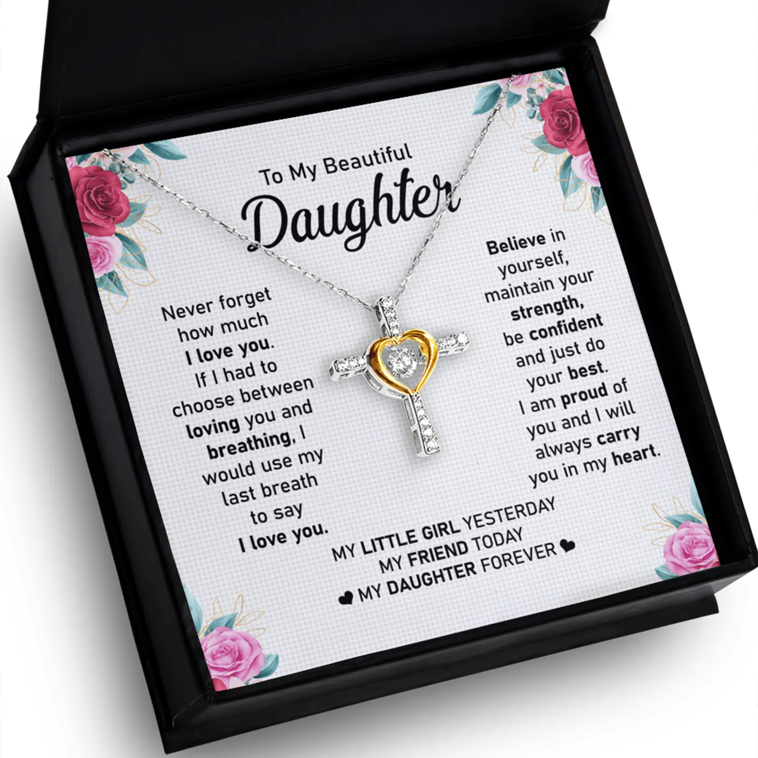 Gift For Daughter - Believe In Yourself - Cross Dancing Necklace With Message Card - Gift For Birthday, Christmas, Valentines From Dad, Mom