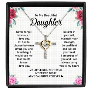 Gift For Daughter - Believe In Yourself - Cross Dancing Necklace With Message Card - Gift For Birthday, Christmas, Valentines From Dad, Mom