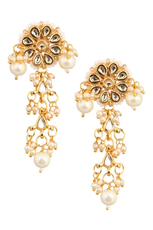 Gold Tone Pearl Beaded Crescent Shaped Kundan Earrings