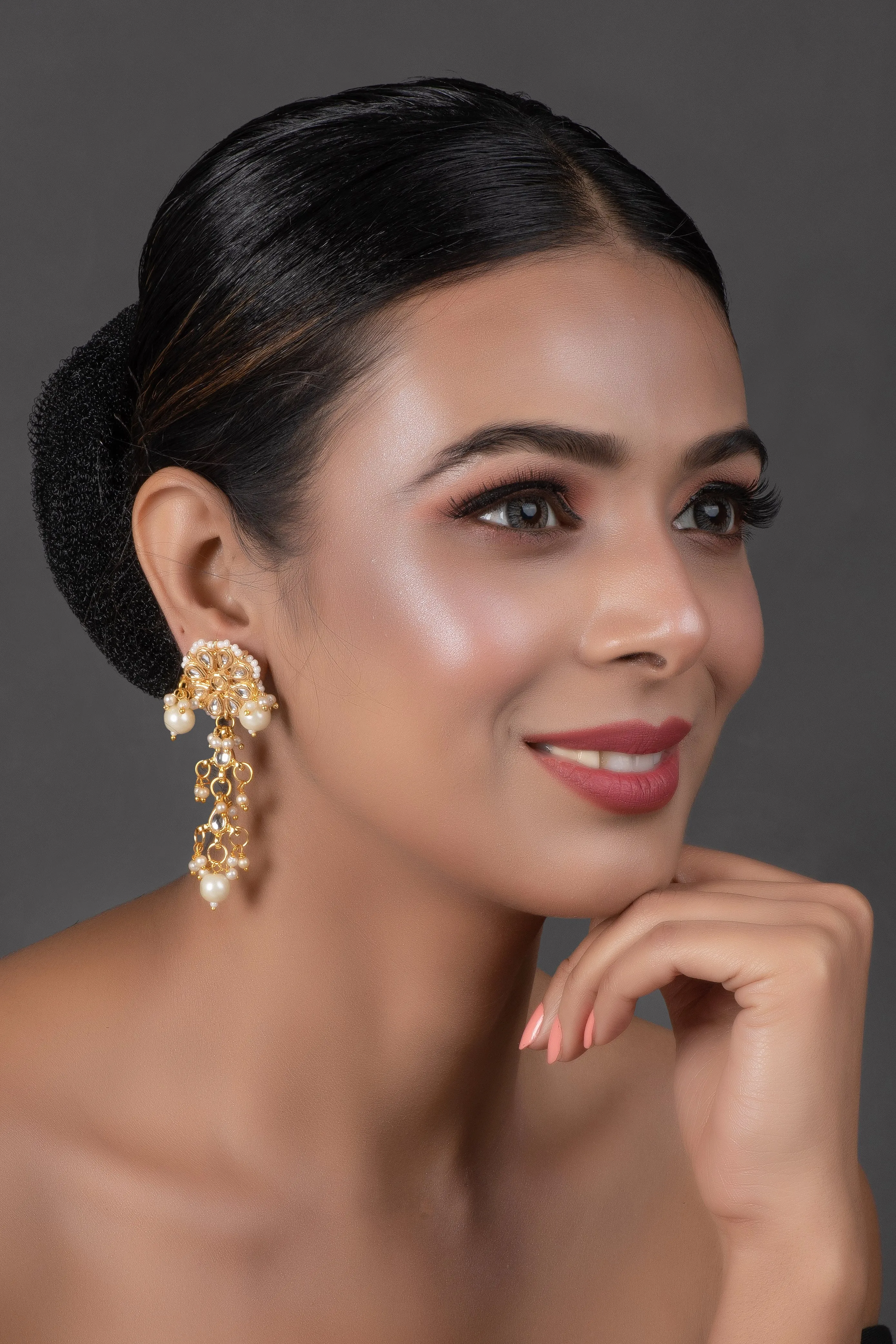Gold Tone Pearl Beaded Crescent Shaped Kundan Earrings