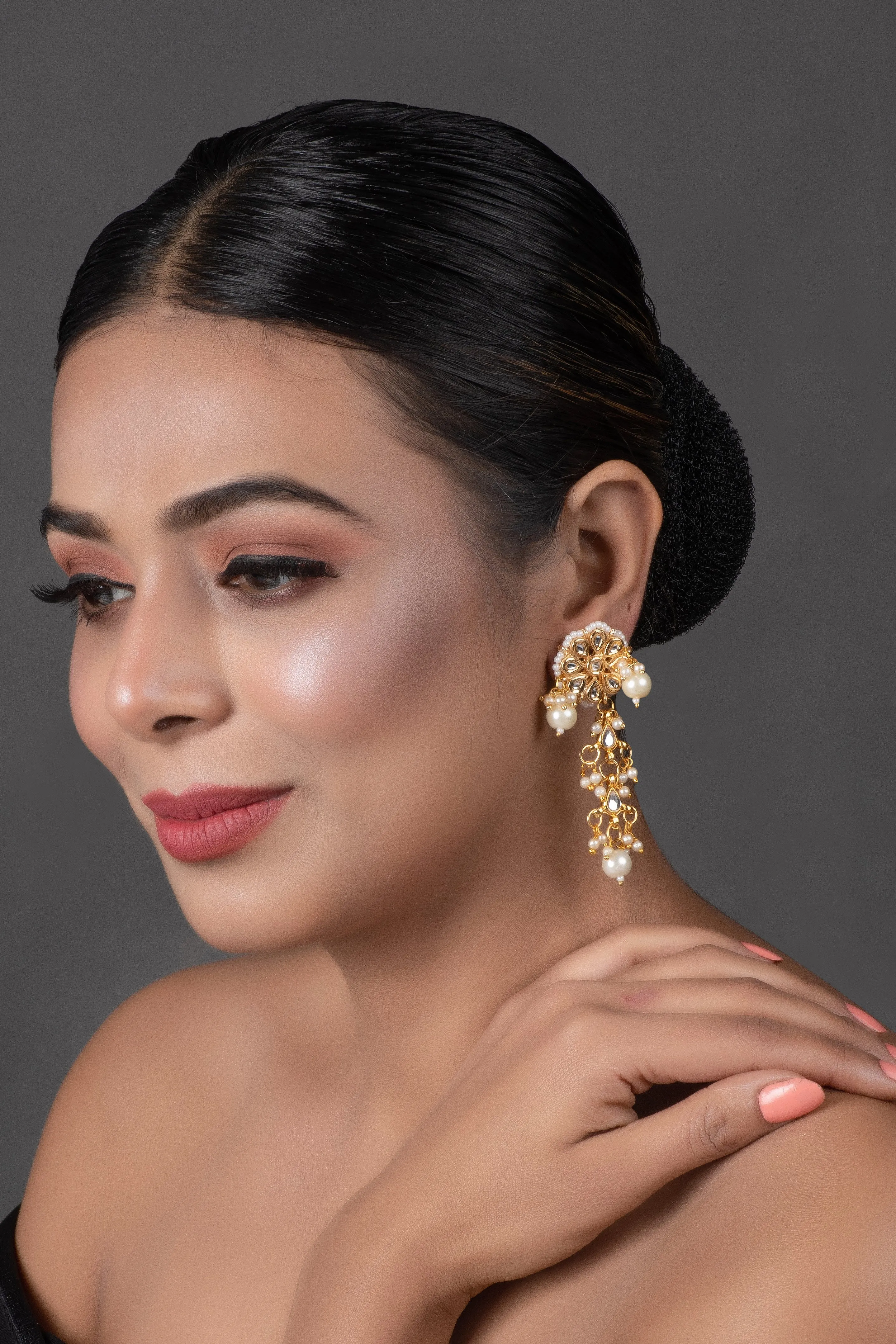 Gold Tone Pearl Beaded Crescent Shaped Kundan Earrings