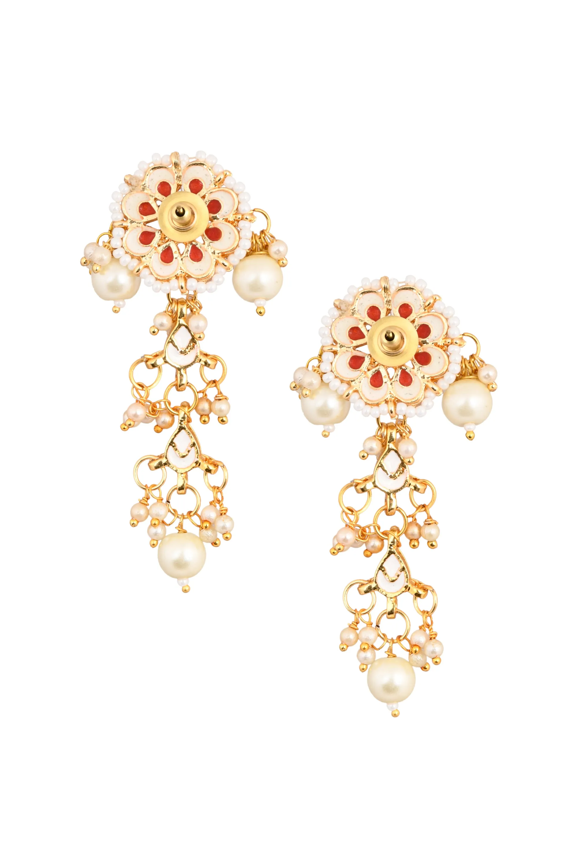 Gold Tone Pearl Beaded Crescent Shaped Kundan Earrings