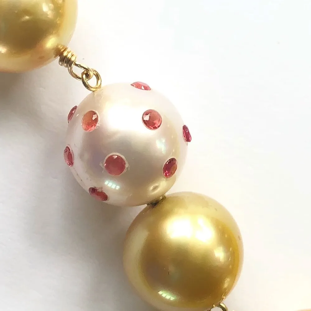 Golden South Sea Baroque Pearls with a South Sea Pearl and Padparadscha Sapphire Gemstone Clasp