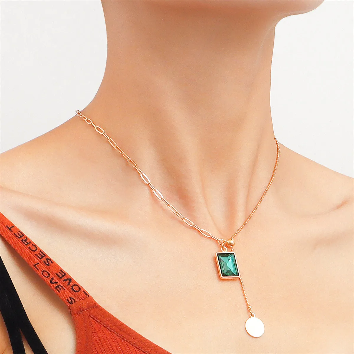 Green Crystal & 18K Gold-Plated Sequin Drop Necklace