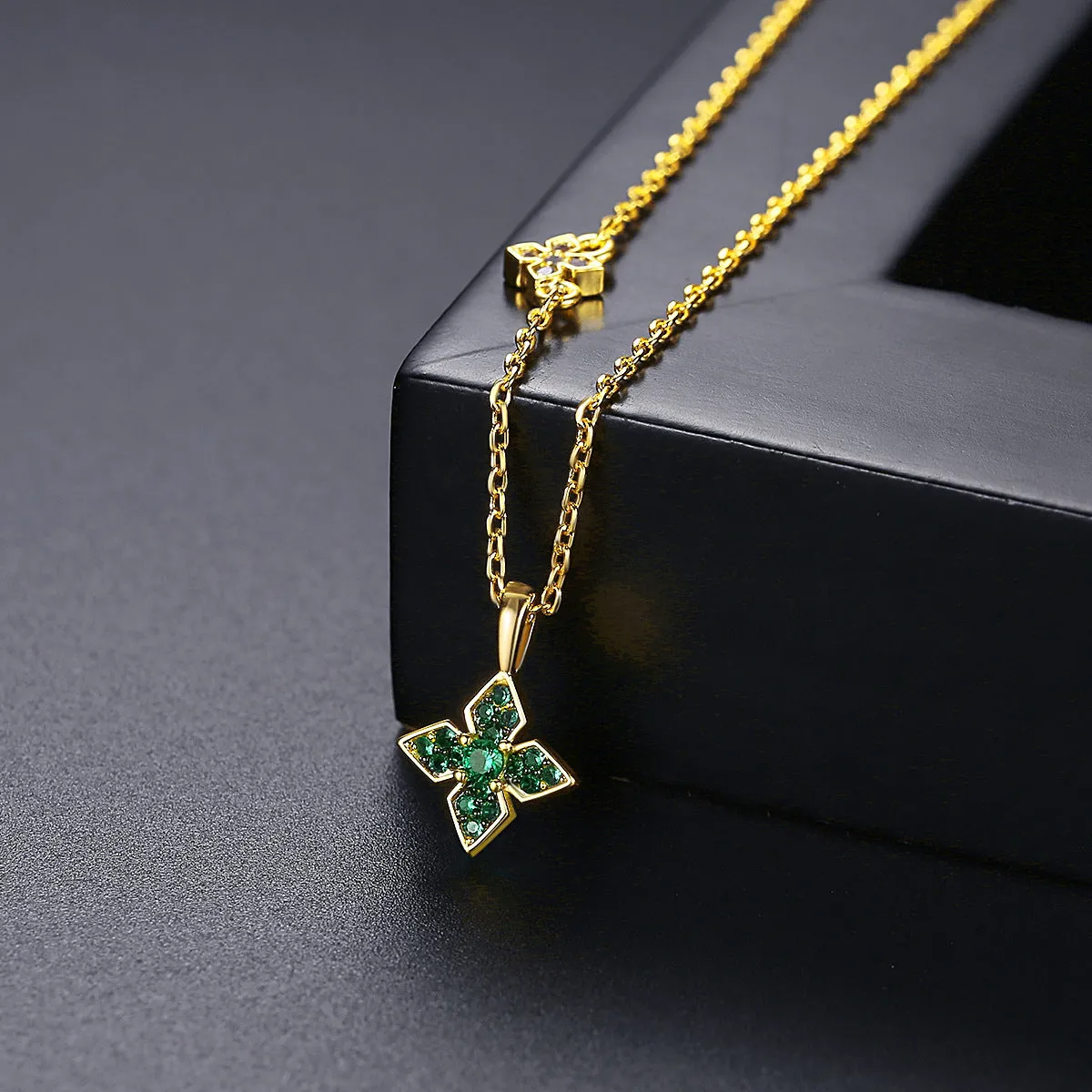 Green Cubic Zirconia & 18K Gold-Plated Clover Pendant Necklace