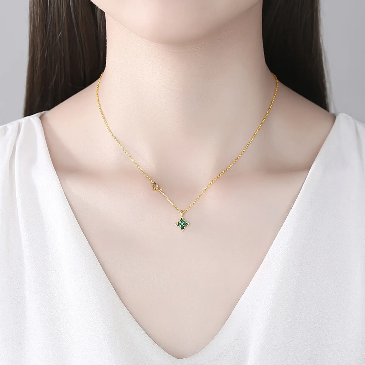 Green Cubic Zirconia & 18K Gold-Plated Clover Pendant Necklace