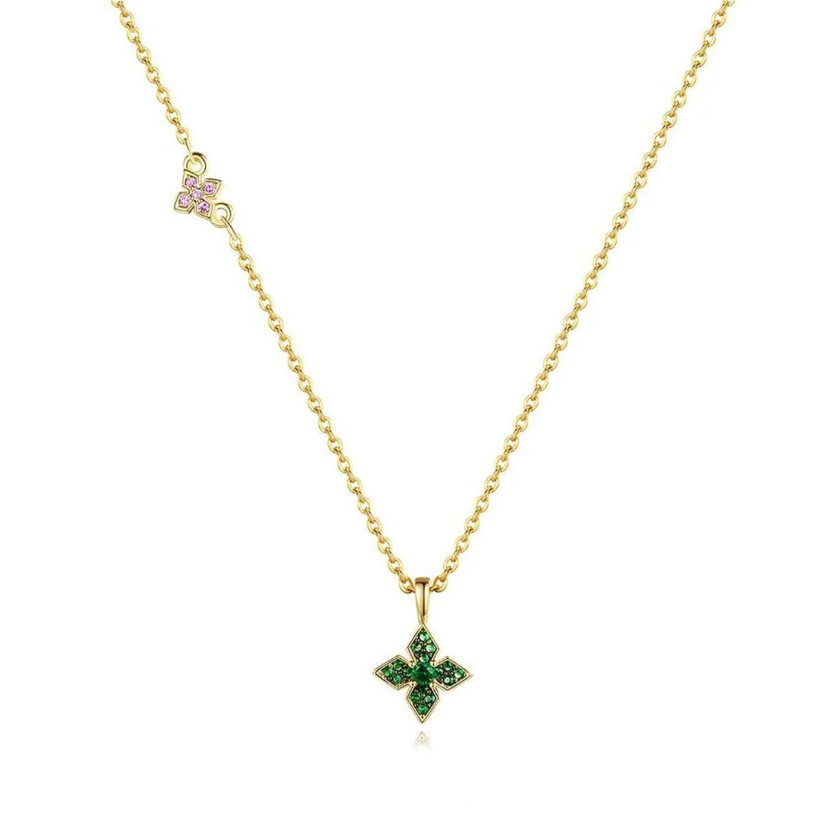 Green Cubic Zirconia & 18K Gold-Plated Clover Pendant Necklace