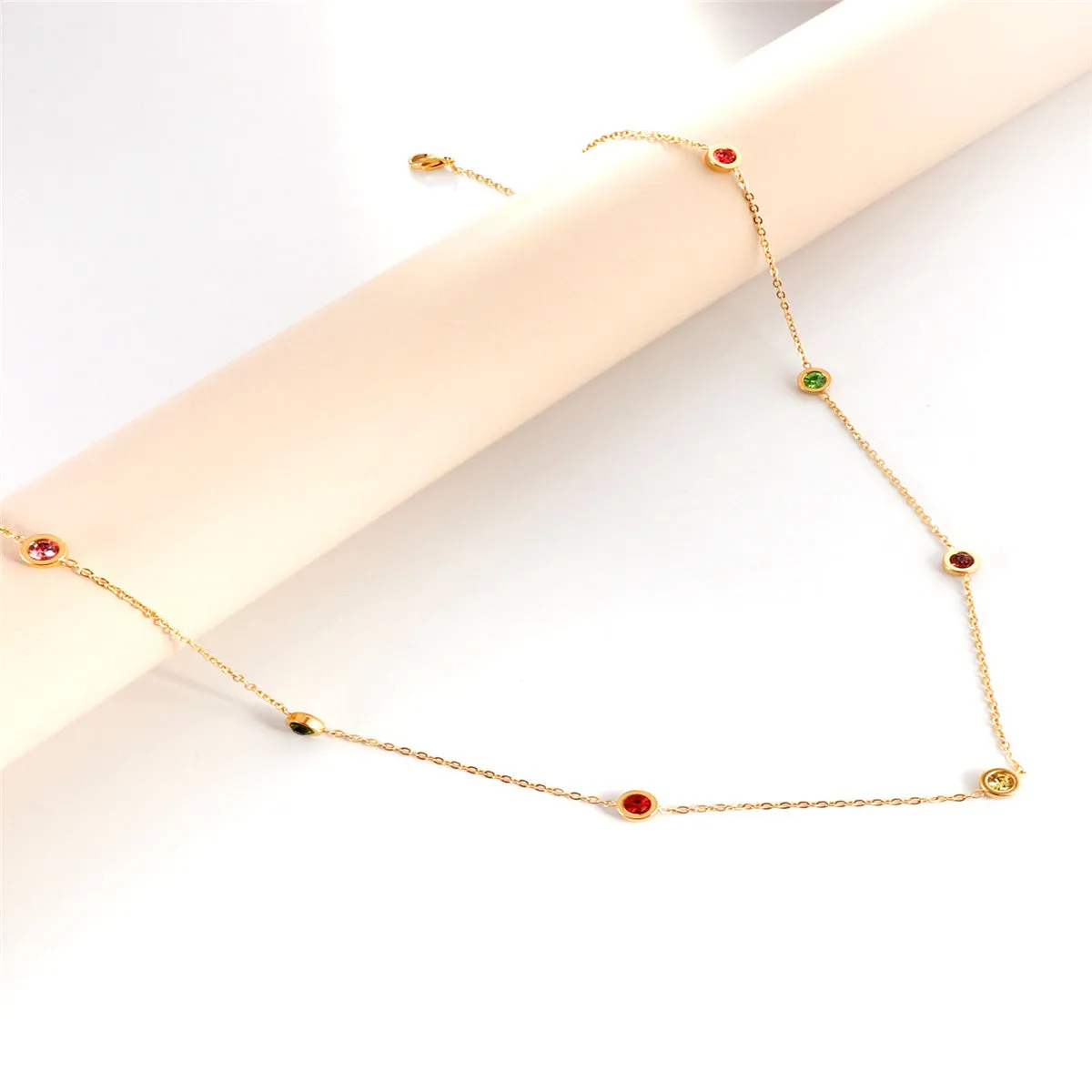 Green Cubic Zirconia & 18K Gold-Plated Round Station Necklace