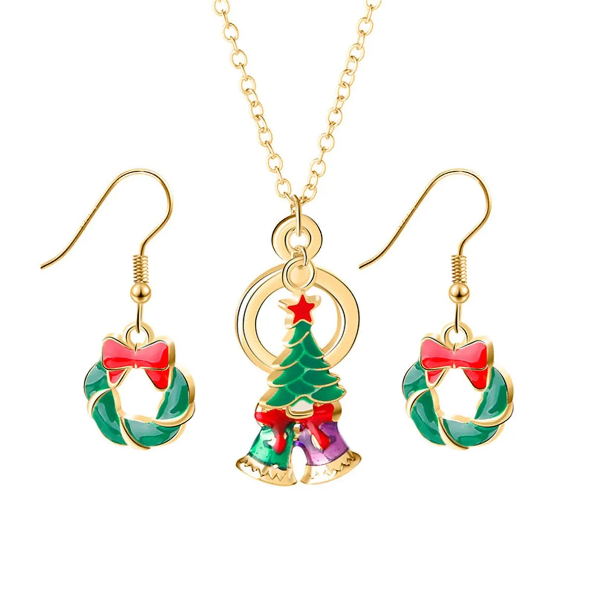 Green Enamel & 18K Gold-Plated Wreath Earrings & Pendant Necklace