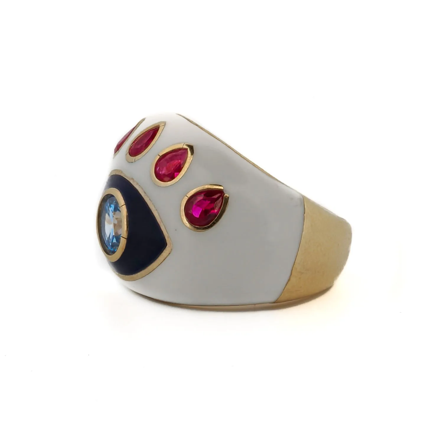 Guardian Blue Topaz & Ruby Evil Eye White Enamel Adjustable Ring