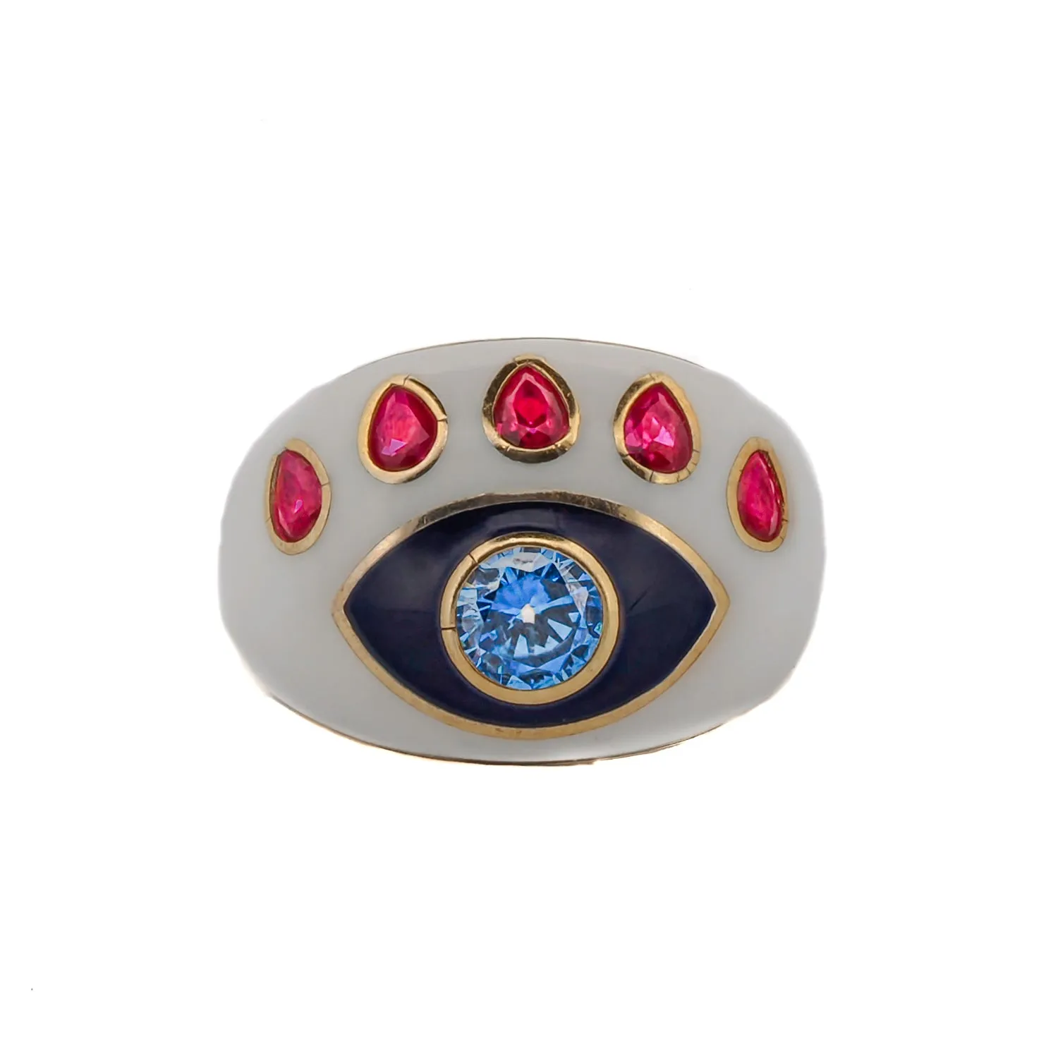 Guardian Blue Topaz & Ruby Evil Eye White Enamel Adjustable Ring