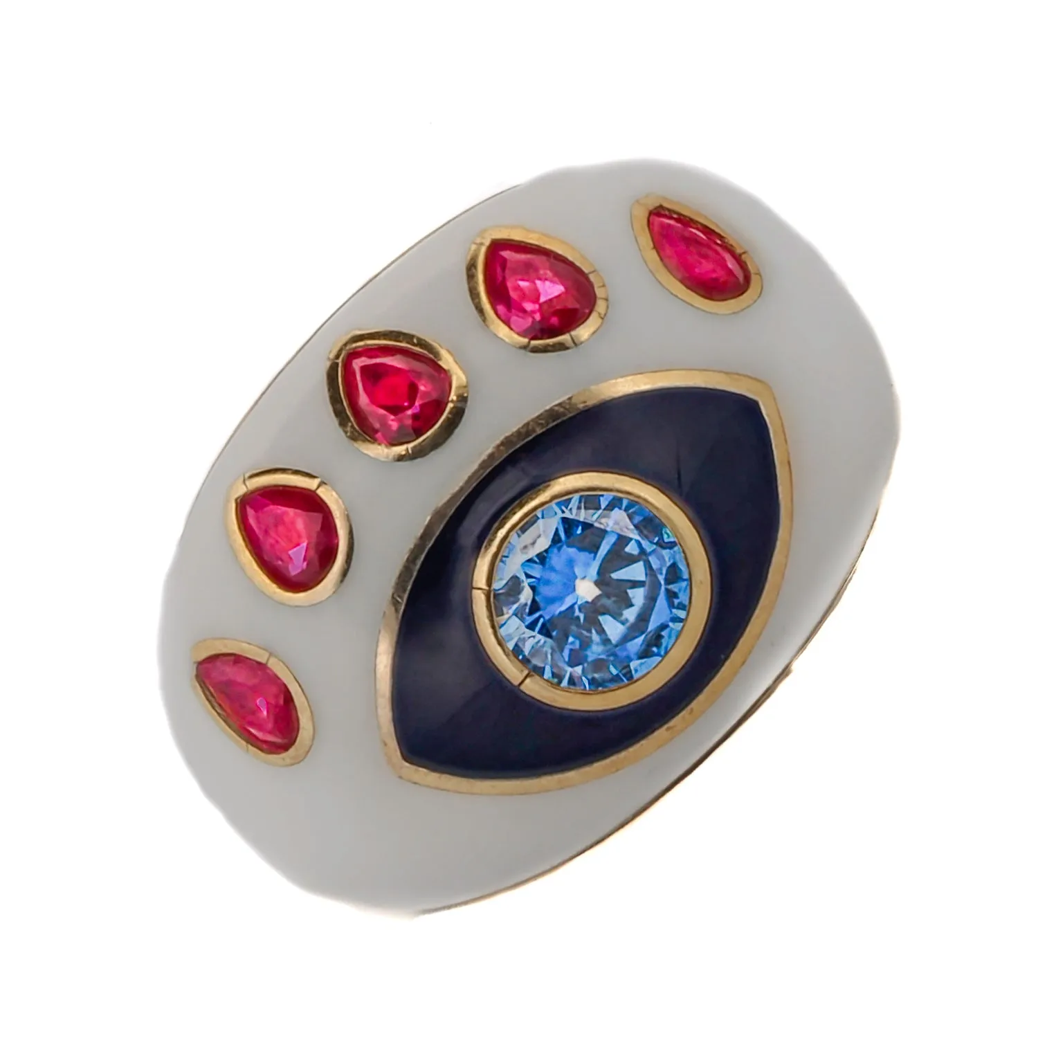 Guardian Blue Topaz & Ruby Evil Eye White Enamel Adjustable Ring