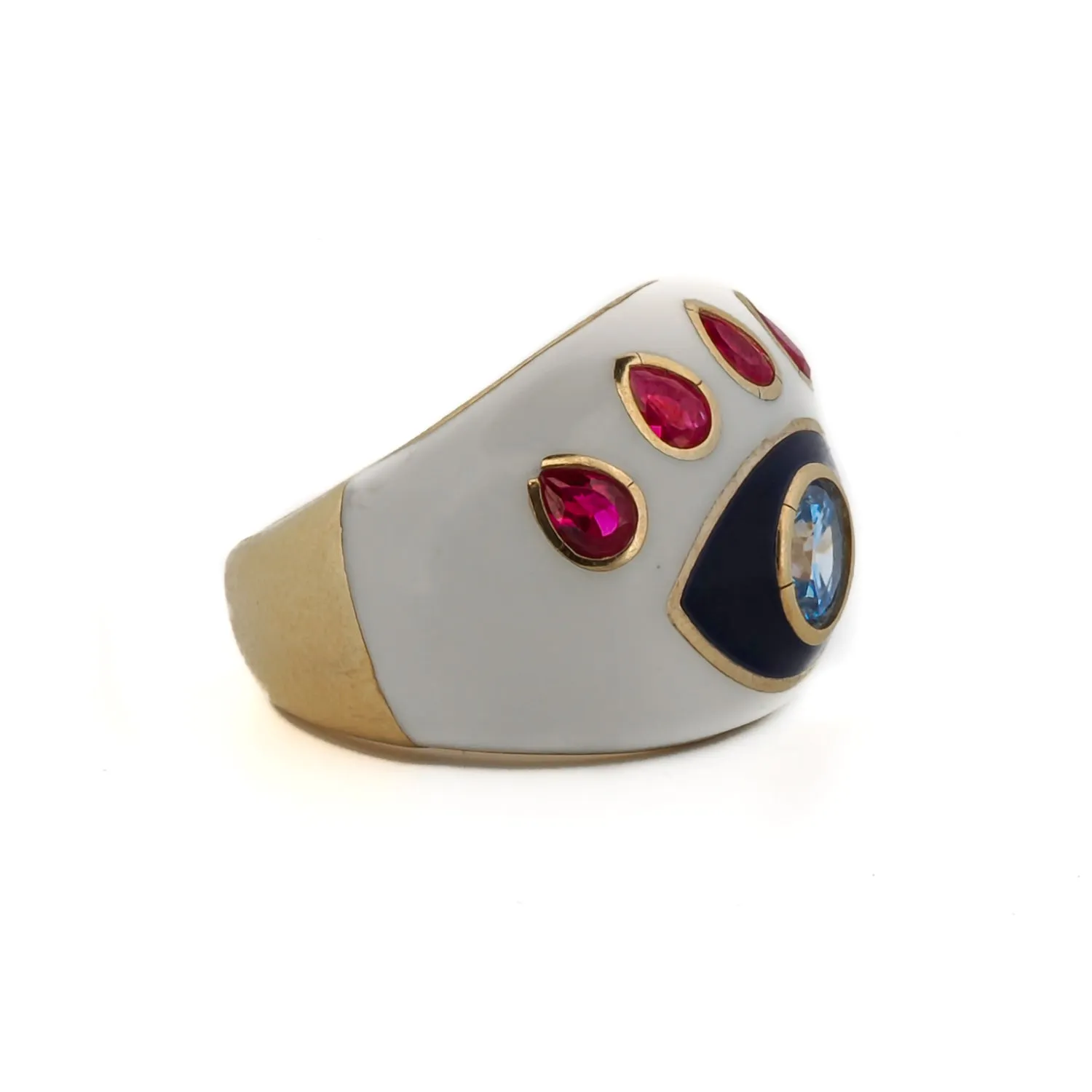 Guardian Blue Topaz & Ruby Evil Eye White Enamel Adjustable Ring
