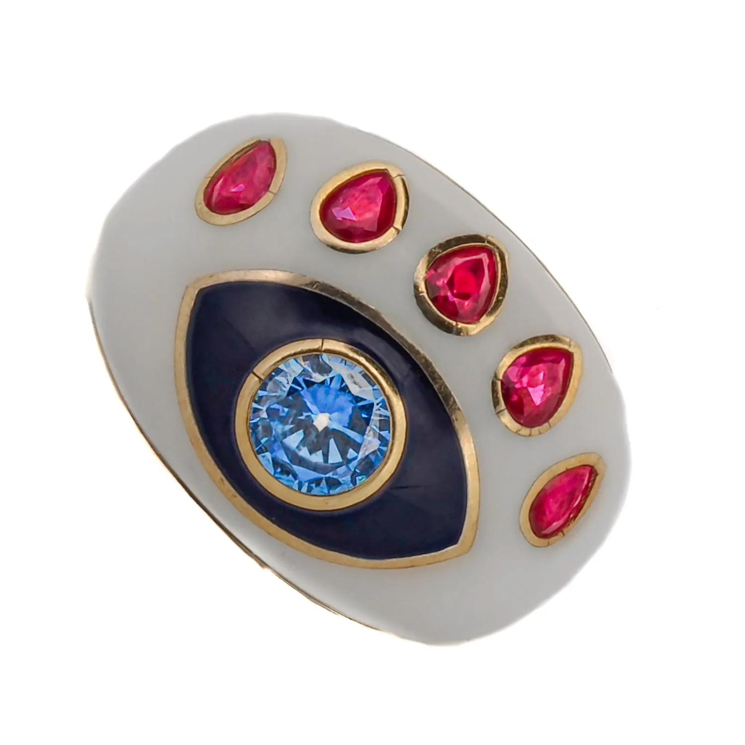 Guardian Blue Topaz & Ruby Evil Eye White Enamel Adjustable Ring