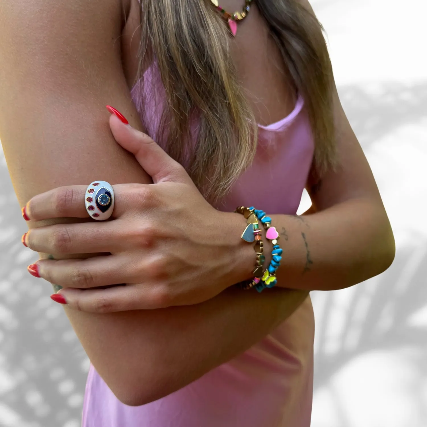 Guardian Blue Topaz & Ruby Evil Eye White Enamel Adjustable Ring