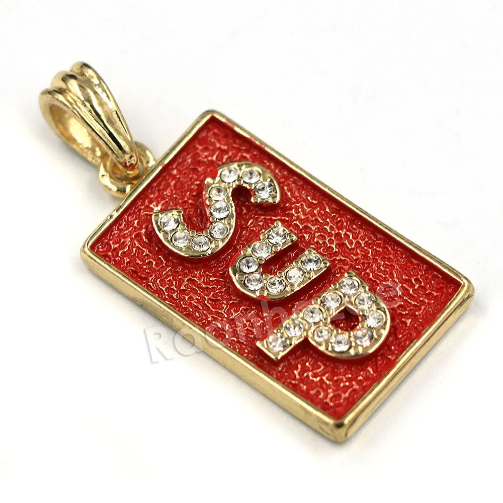Hip Hop Ice Out Supreme Block Letter Streetwear Red Pendant w/ 4mm 24" Rope Chain