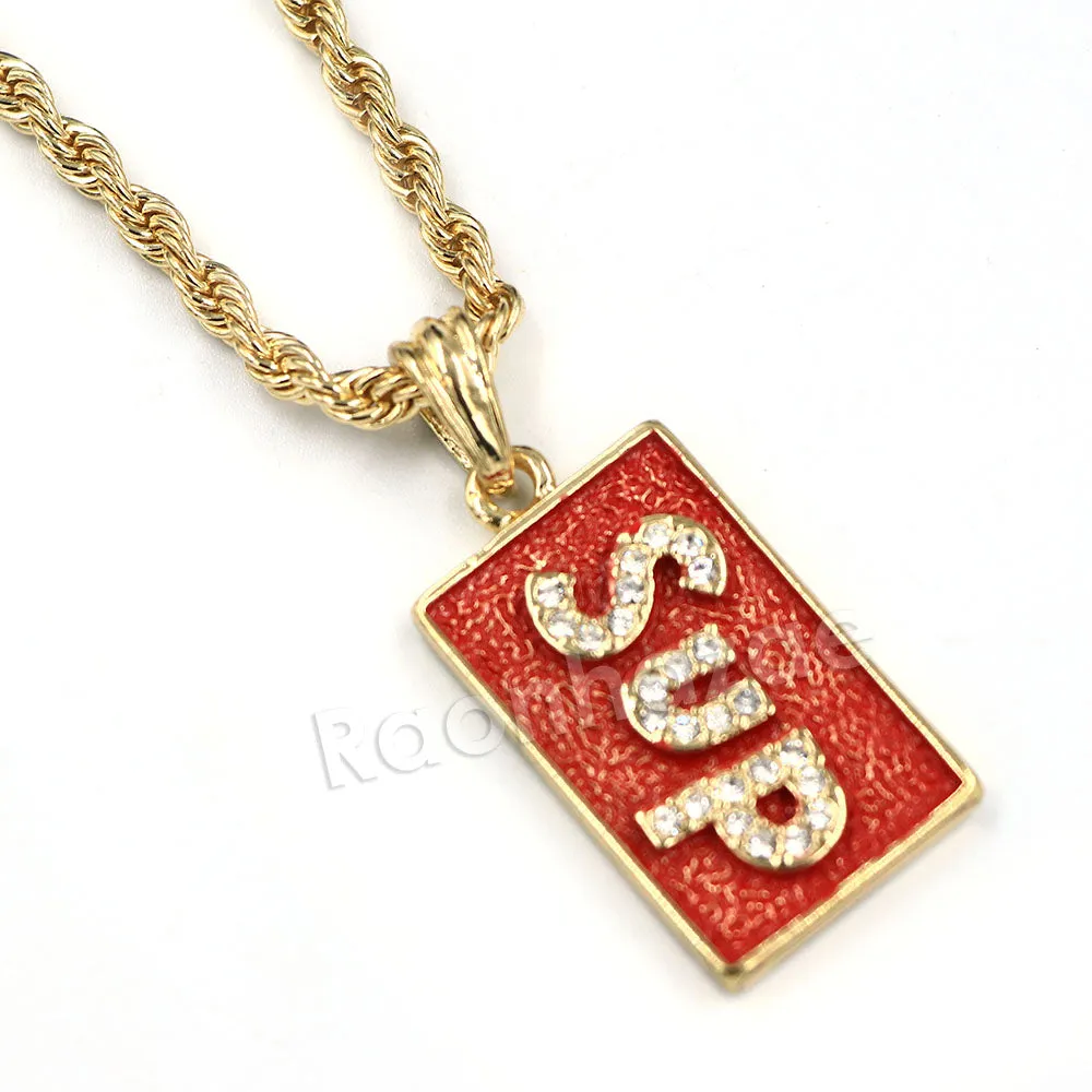 Hip Hop Ice Out Supreme Block Letter Streetwear Red Pendant w/ 4mm 24" Rope Chain