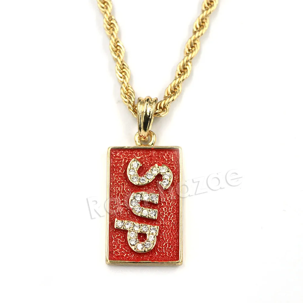 Hip Hop Ice Out Supreme Block Letter Streetwear Red Pendant w/ 4mm 24" Rope Chain